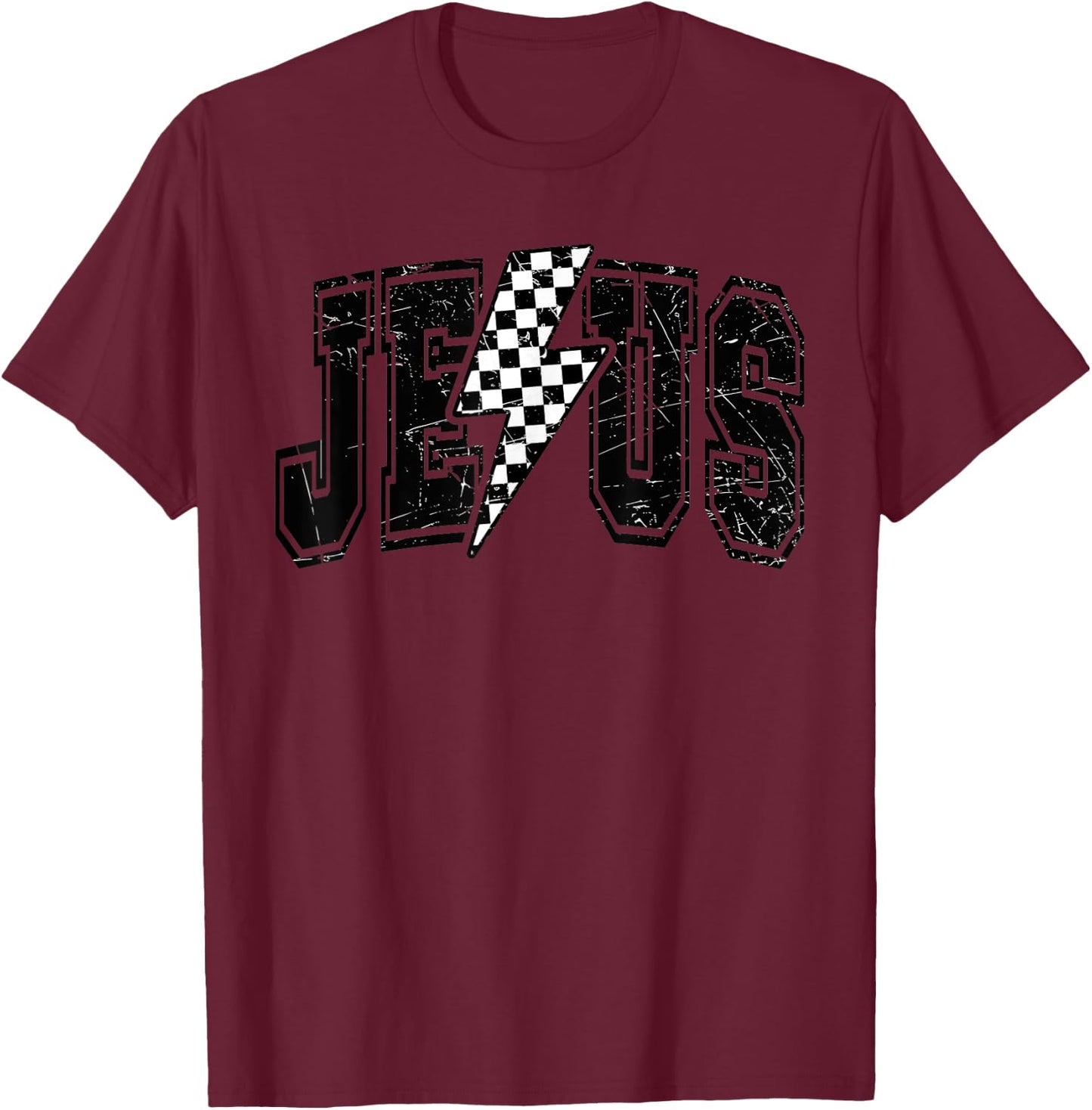 Funny Retro Groovy Checkered Jesus Lightning Bolt Apparel T-Shirt - T-Shirt | Maroon