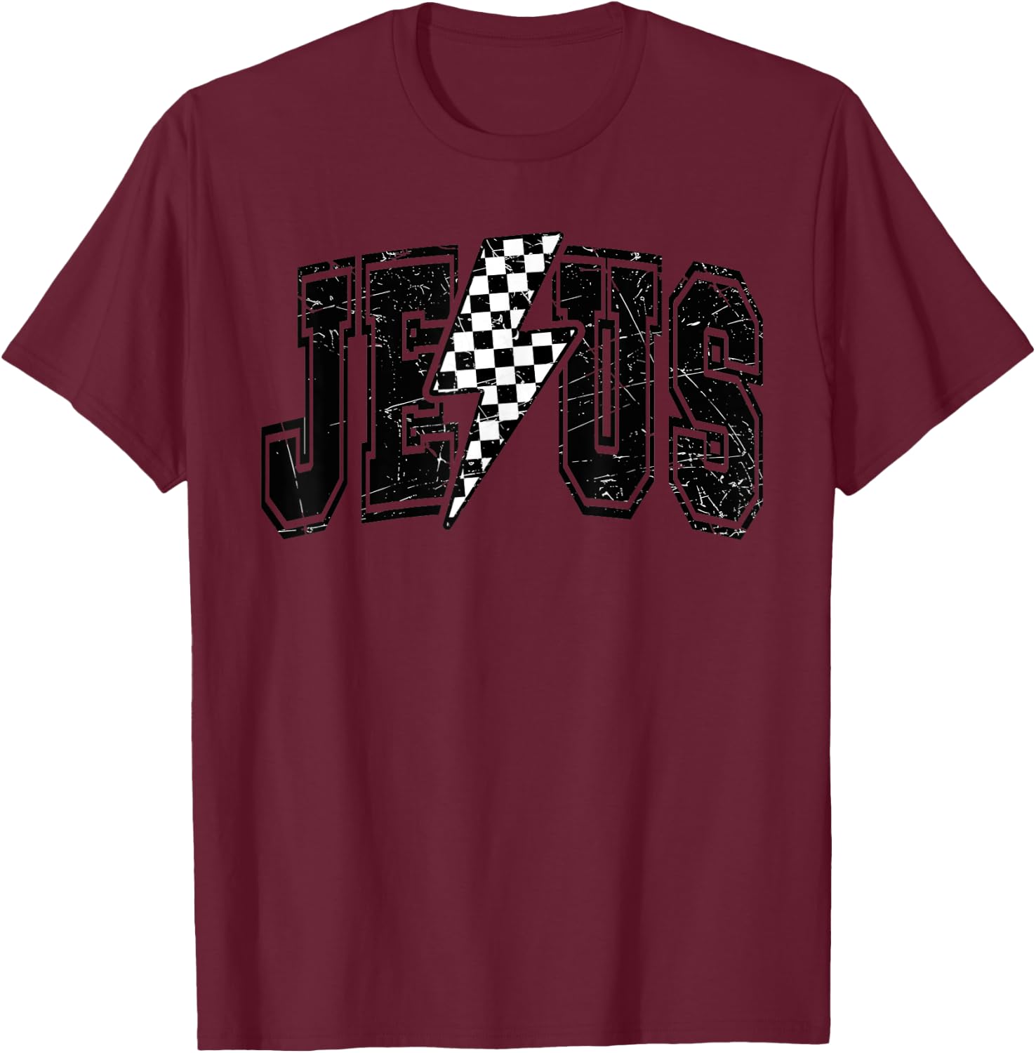 Funny Retro Groovy Checkered Jesus Lightning Bolt Apparel T-Shirt - T-Shirt | Maroon