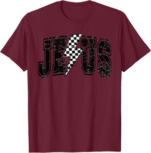 Funny Retro Groovy Checkered Jesus Lightning Bolt Apparel T-Shirt - T-Shirt | Maroon