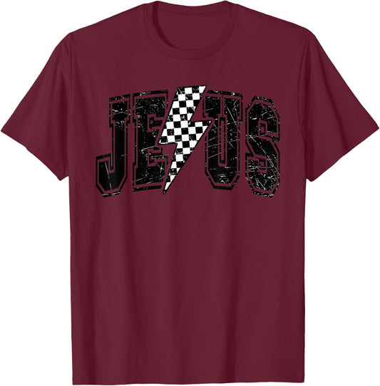 Funny Retro Groovy Checkered Jesus Lightning Bolt Apparel T-Shirt - T-Shirt | Maroon