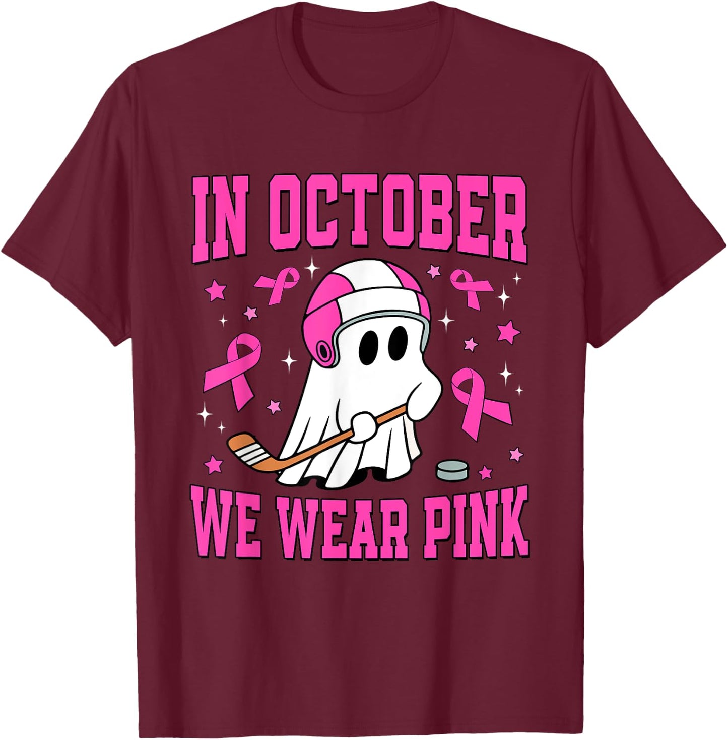 In October We Wear Pink Ghost Hockey Breast Cancer T-Shirt - T-Shirt | Maroon