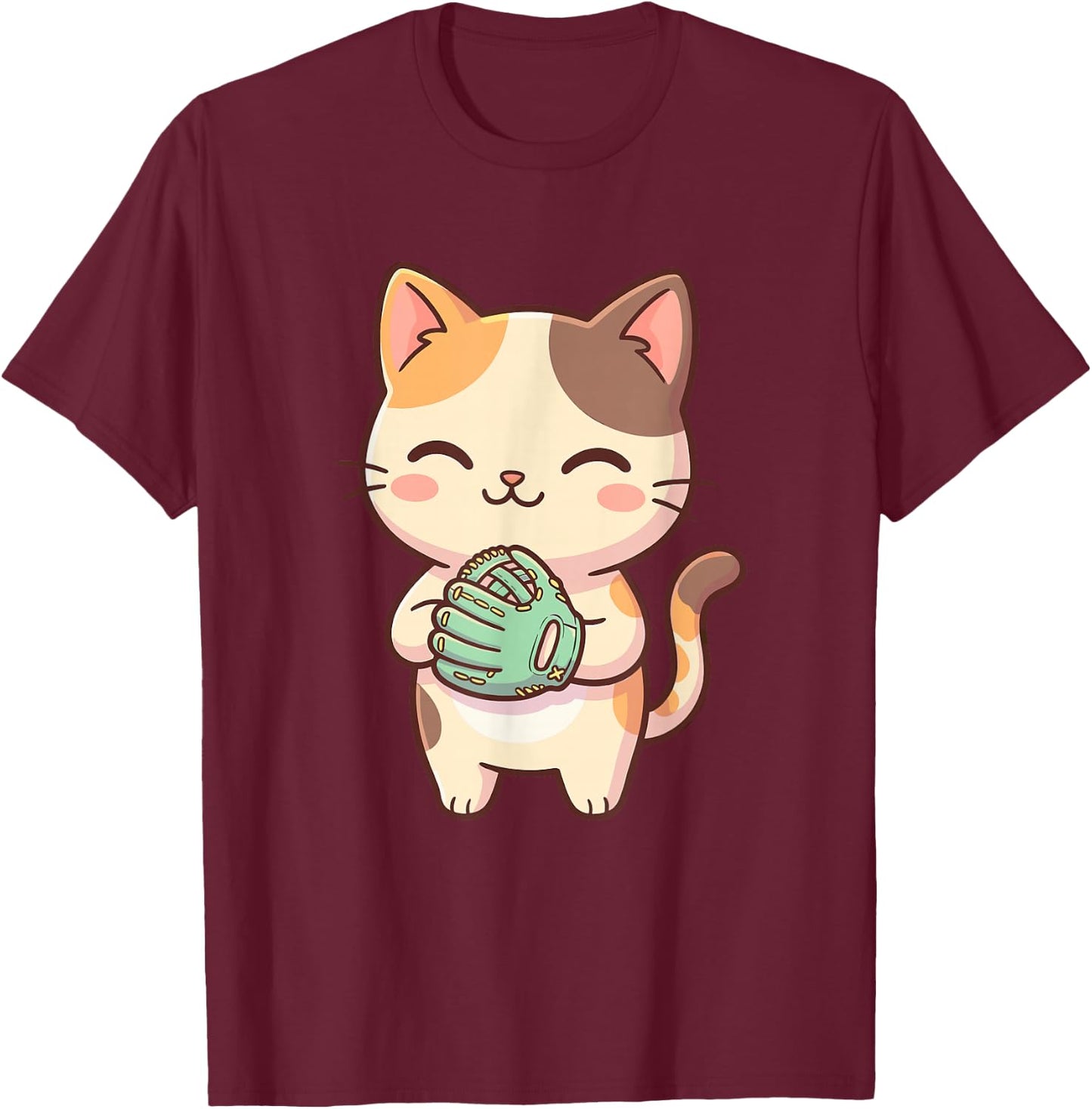 Cute Kawaii Cat Softball T-Shirt - T-Shirt | Maroon