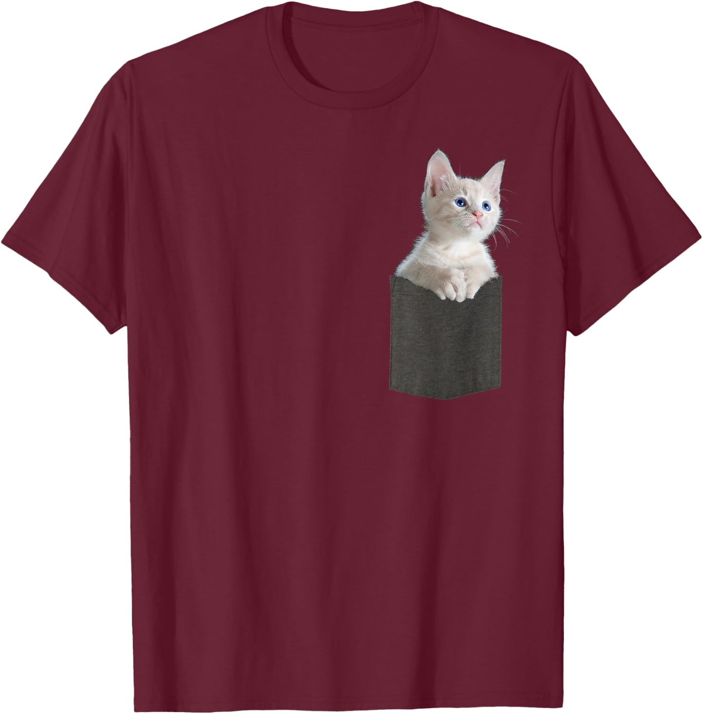 White Kitten Cat in Pocket with Blue Eyes Cute Cat T-Shirt - T-Shirt | Maroon