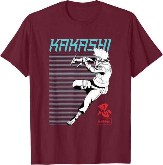 Naruto Shippuden Kakashi Outline Action Lines Anime T-Shirt - T-Shirt | Maroon