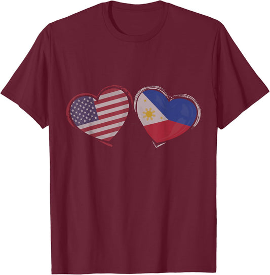 USA Philippines Flag Heart Valentines Day Filipino American T-Shirt - T-Shirt | Maroon