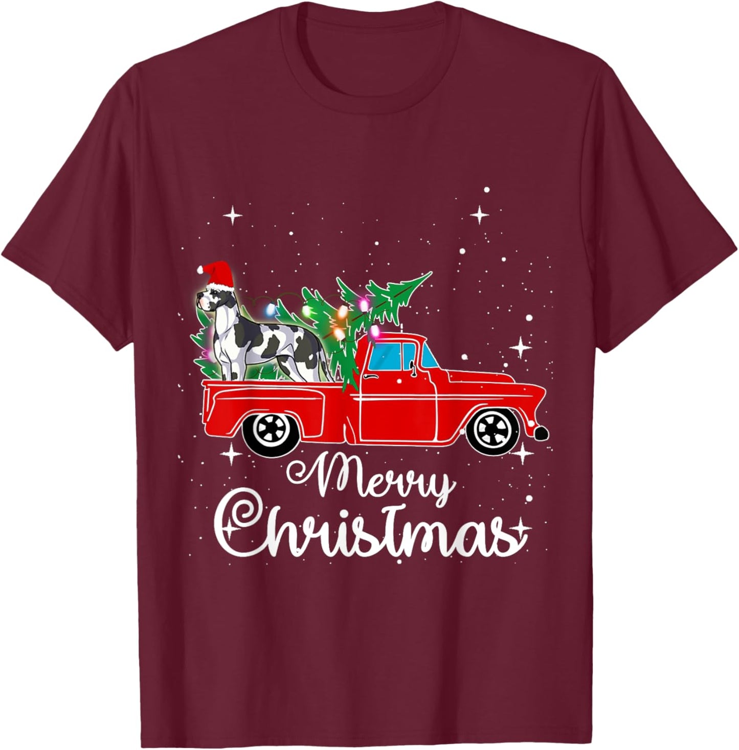 Great Dane Dog Red Truck Christmas Tree Lights Merry Xmas Women Kids T-Shirt - T-Shirt | Maroon