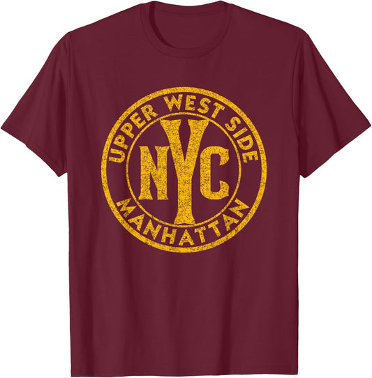 Upper West Side NYC Circle Sign Distressed Amber Print T-Shirt - T-Shirt | Maroon