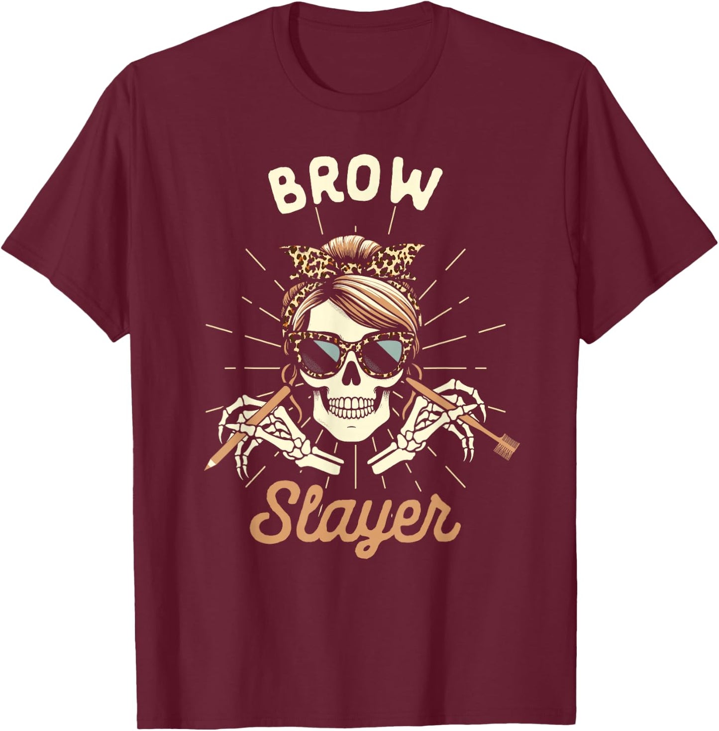 Brow Artist Esthetician Microblading Skeleton Brow Slayer T-Shirt - T-Shirt | Maroon