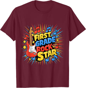 First Grade Rockstar Teacher Student Men Women Boys Girls T-Shirt - T-Shirt | Maroon