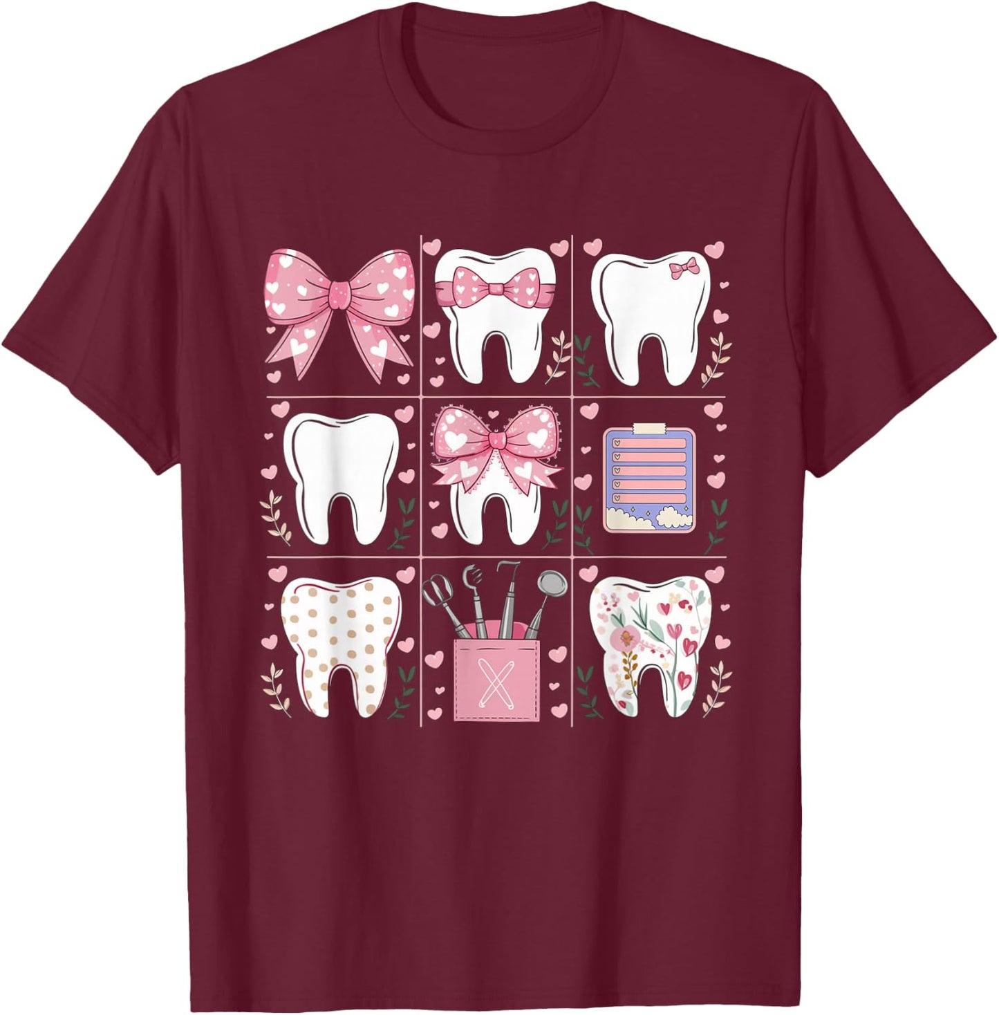 Pink Coquette Bow Cute Teeth Dentist Squad Dental Assistant T-Shirt - T-Shirt | Maroon