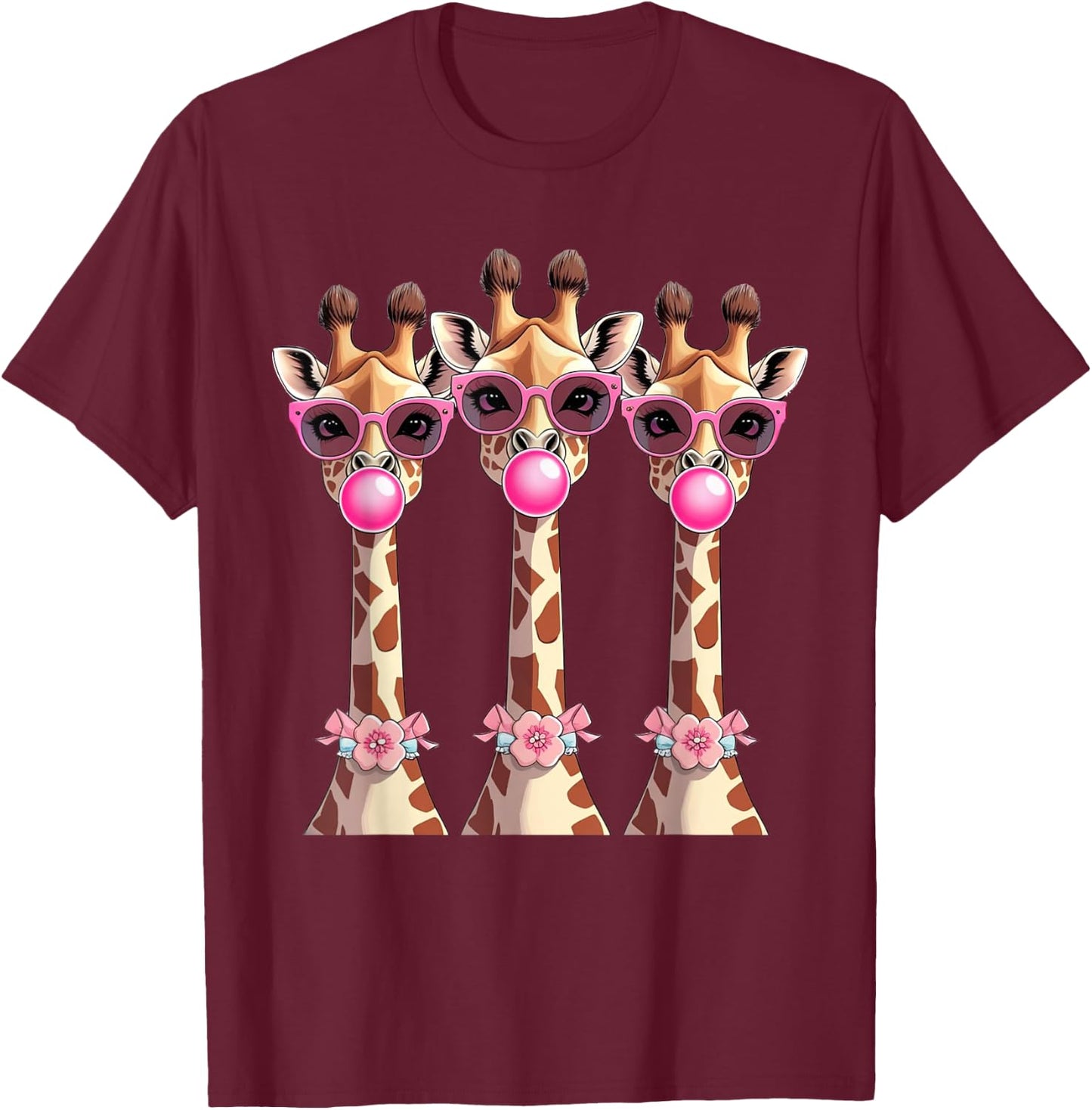 Funny Giraffe Squad Pink Bubble Gum Sunglasses Design T-Shirt - T-Shirt | Maroon