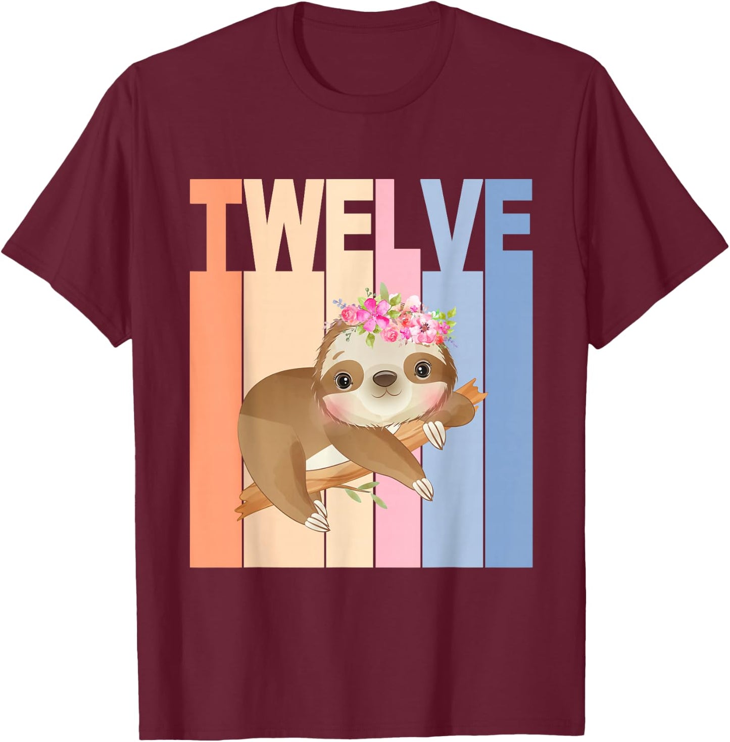 12 Year Old Cute Sloth Birthday Girl 12th Birthday Party T-Shirt - T-Shirt | Maroon