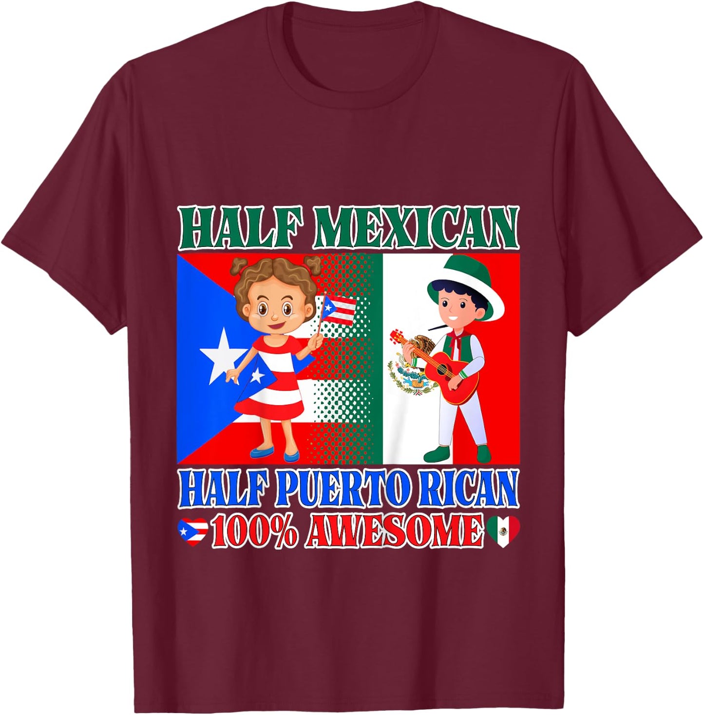 Kids Half Mexican Half Puerto Rican Mexico Flag Toddler Girl Boy T-Shirt - T-Shirt | Maroon