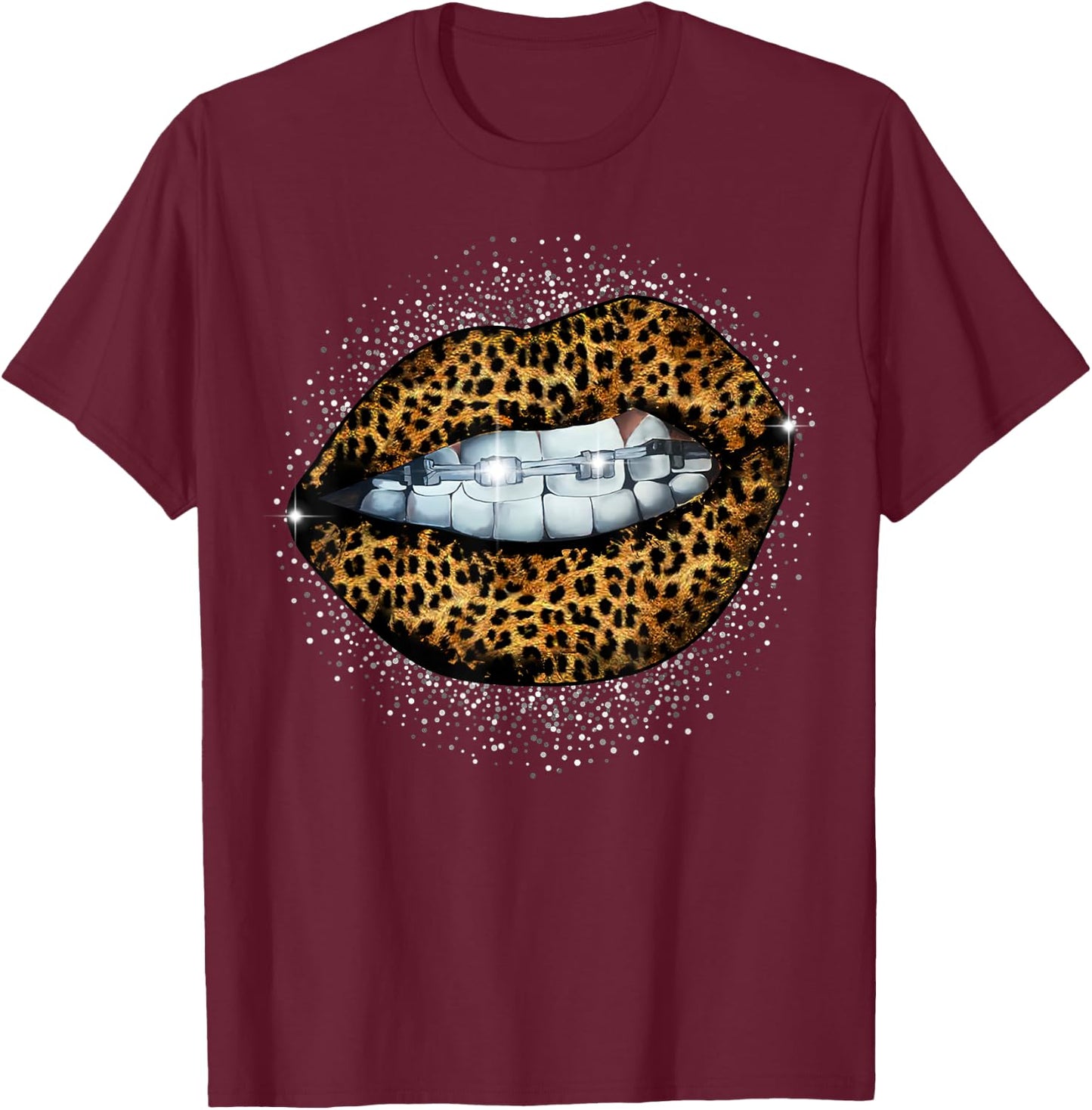 Cool Braces Dentist Leopard Cheetah Print Lip T-Shirt - T-Shirt | Maroon