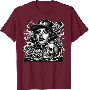 Mexican Street Culture Lowrider Beautiful Latina Women T-Shirt - T-Shirt | Maroon