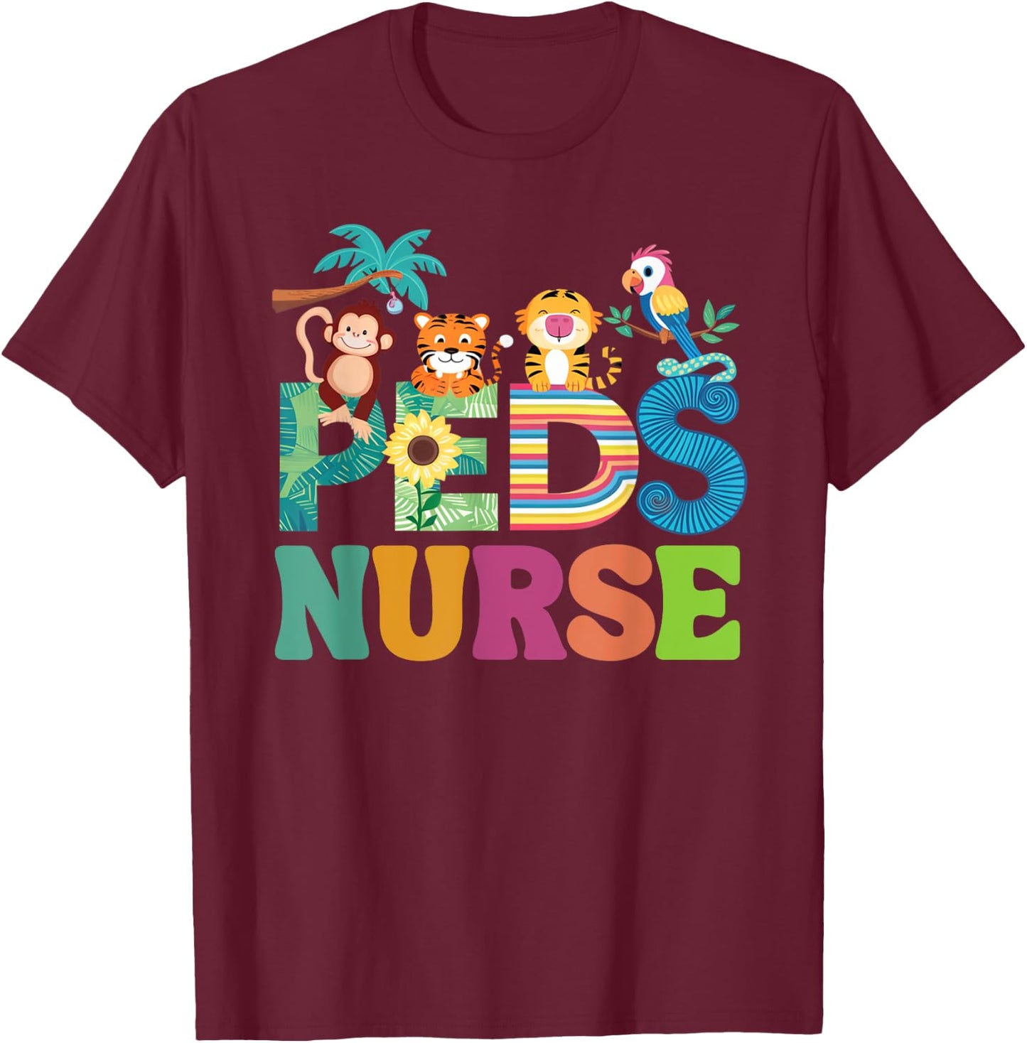 Colorful Peds Nurse Cute Animals PEDS Oncology Nurse T-Shirt - T-Shirt | Maroon