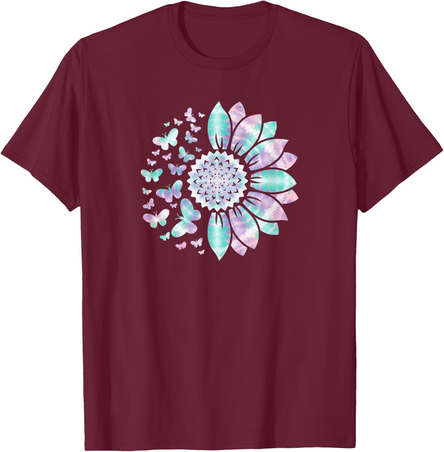Sunflower Sun Flower Tie Dye Daisy Butterflies Women Girls T-Shirt - T-Shirt | Maroon