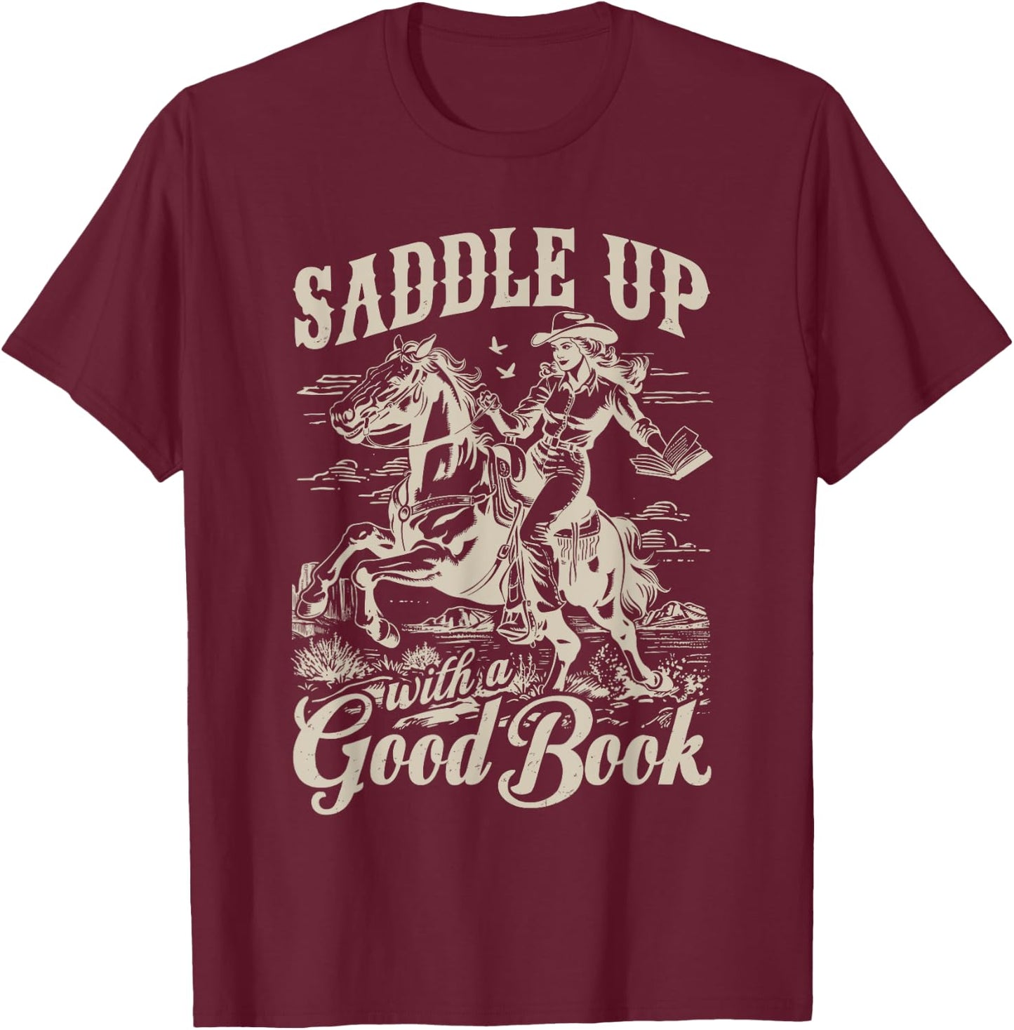 Bookish Retro Western Cowgirl Texas Book Lover Novel Reader T-Shirt - T-Shirt | Maroon