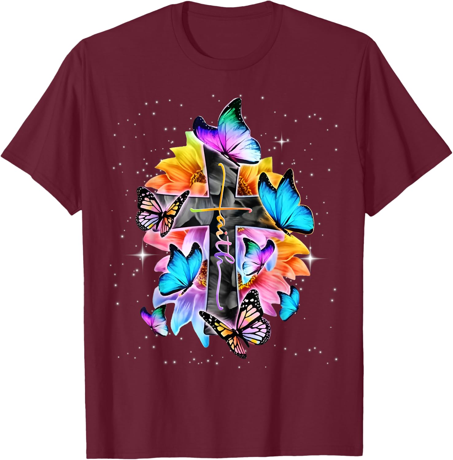 Faith - Cross Floral Butterflies Christ Flowers Religious T-Shirt - T-Shirt | Maroon