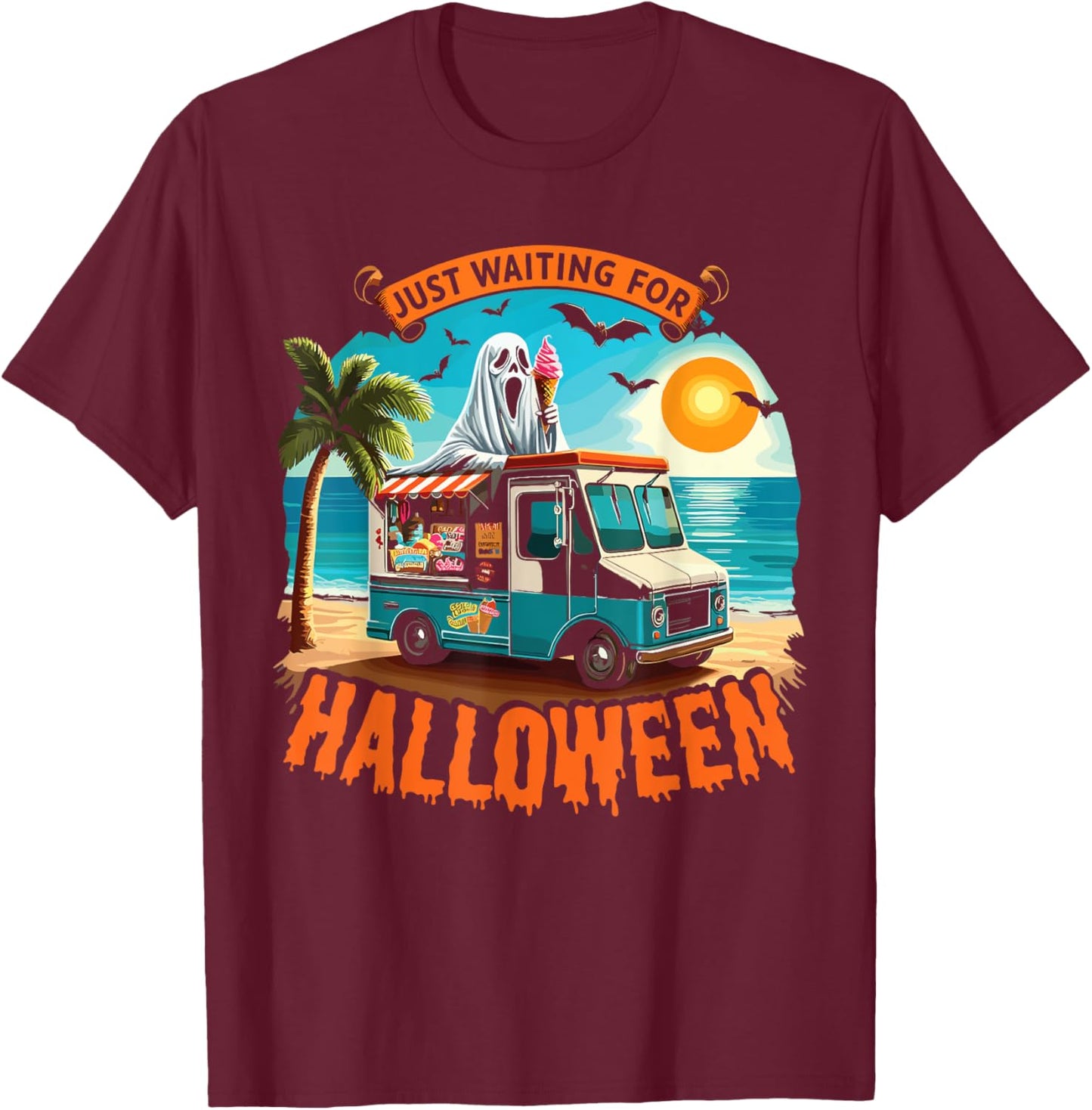 Skeleton Just Waiting For Halloween Halloween Summer Ghost T-Shirt - T-Shirt | Maroon