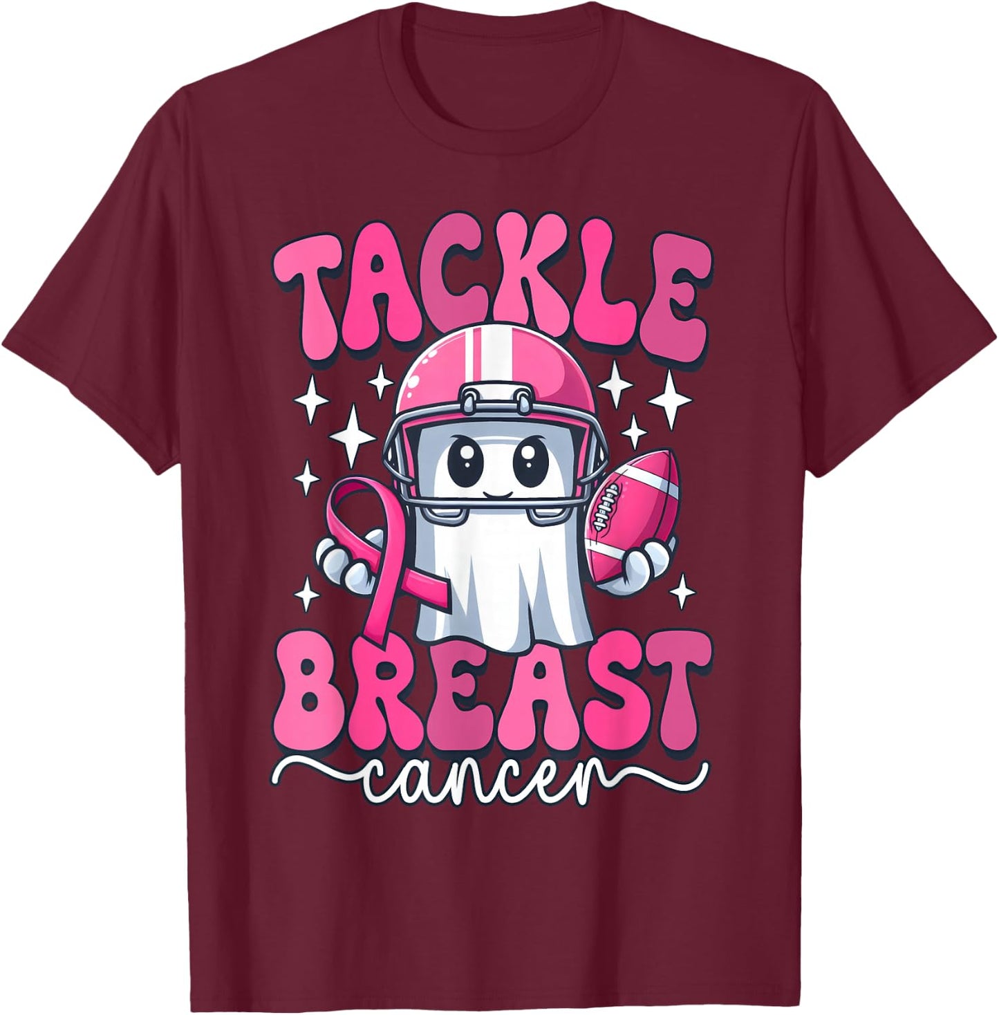 Cute Ghost Tackle Breast Cancer American Football Halloween T-Shirt - T-Shirt | Maroon