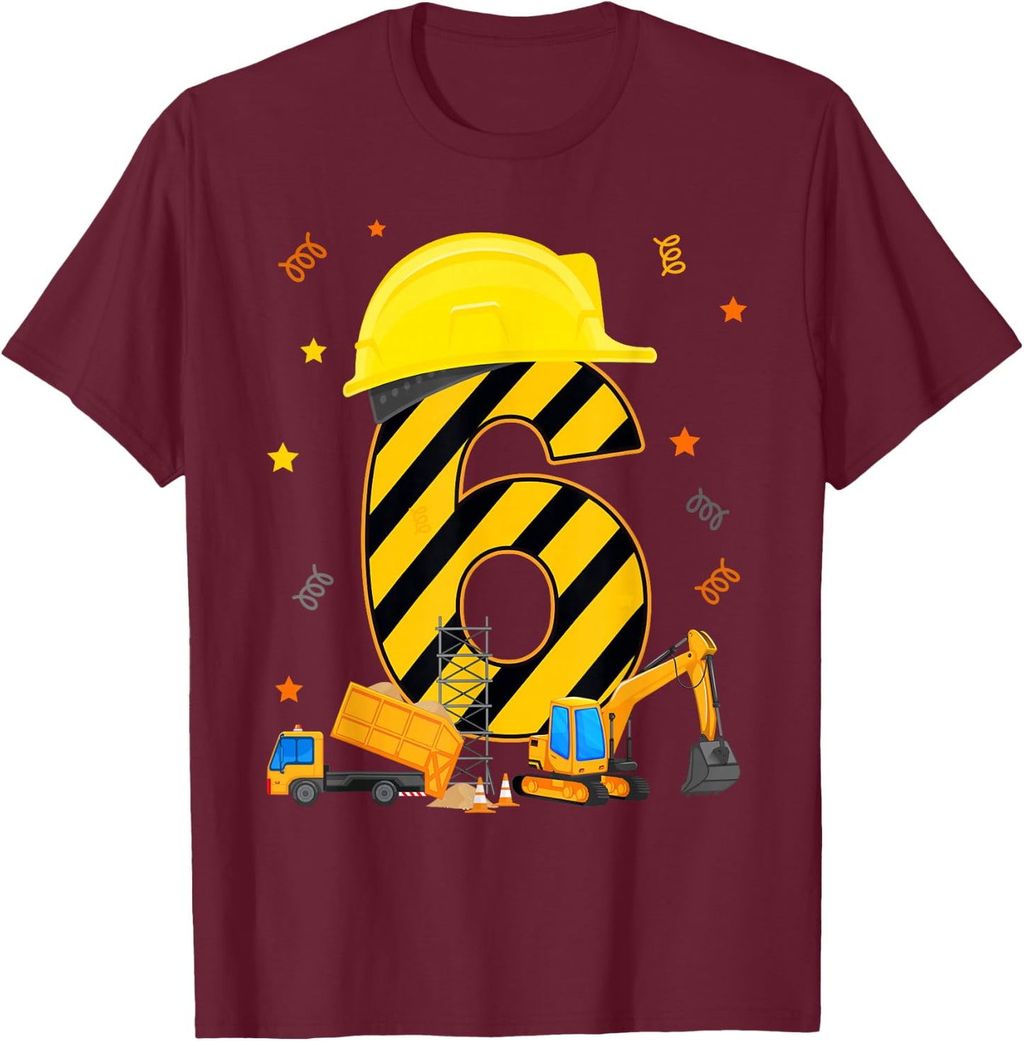 Six 6 Year Old 6th Birthday Construction Vehicles 6yr T-Shirt - T-Shirt | Maroon
