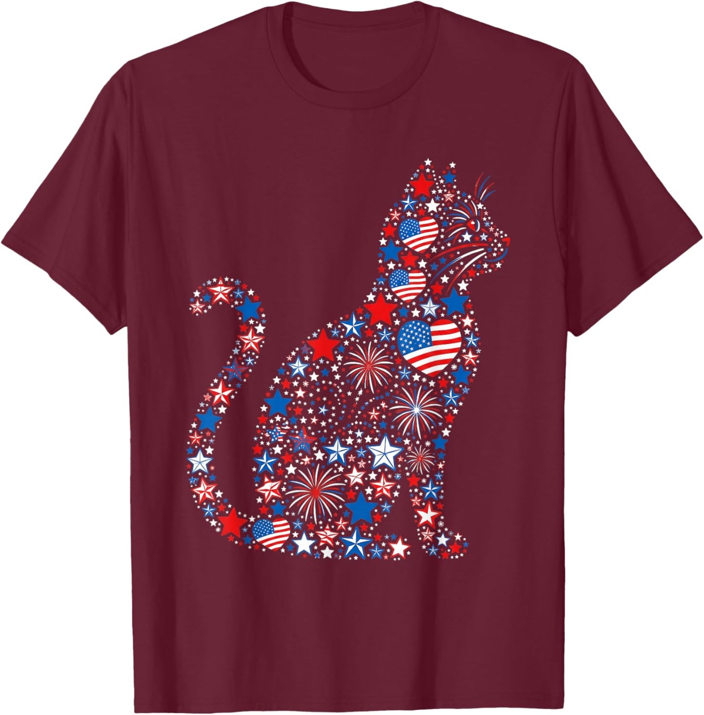 Cat American USA Flag Fireworks Patriotic Fourth of July T-Shirt - T-Shirt | Maroon