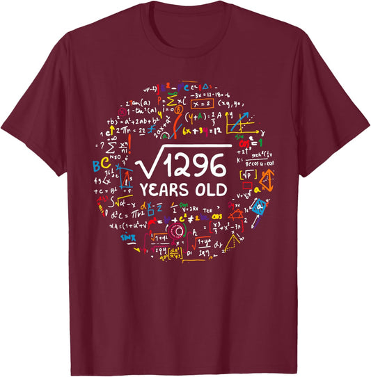Square Root Of 1296 36th Birthday 36 Year Old Gifts Math T-Shirt - T-Shirt | Maroon