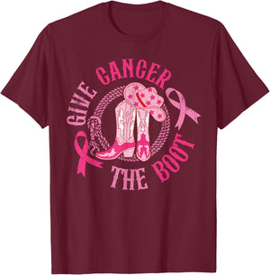 Give Cancer Boot Cowgirl Western Breast Cancer Pink Ribbon T-Shirt - T-Shirt | Maroon