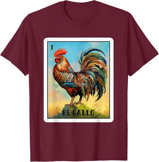 Mexican El Gallo Bingo Card Game Traditional Rooster Card T-Shirt - T-Shirt | Maroon