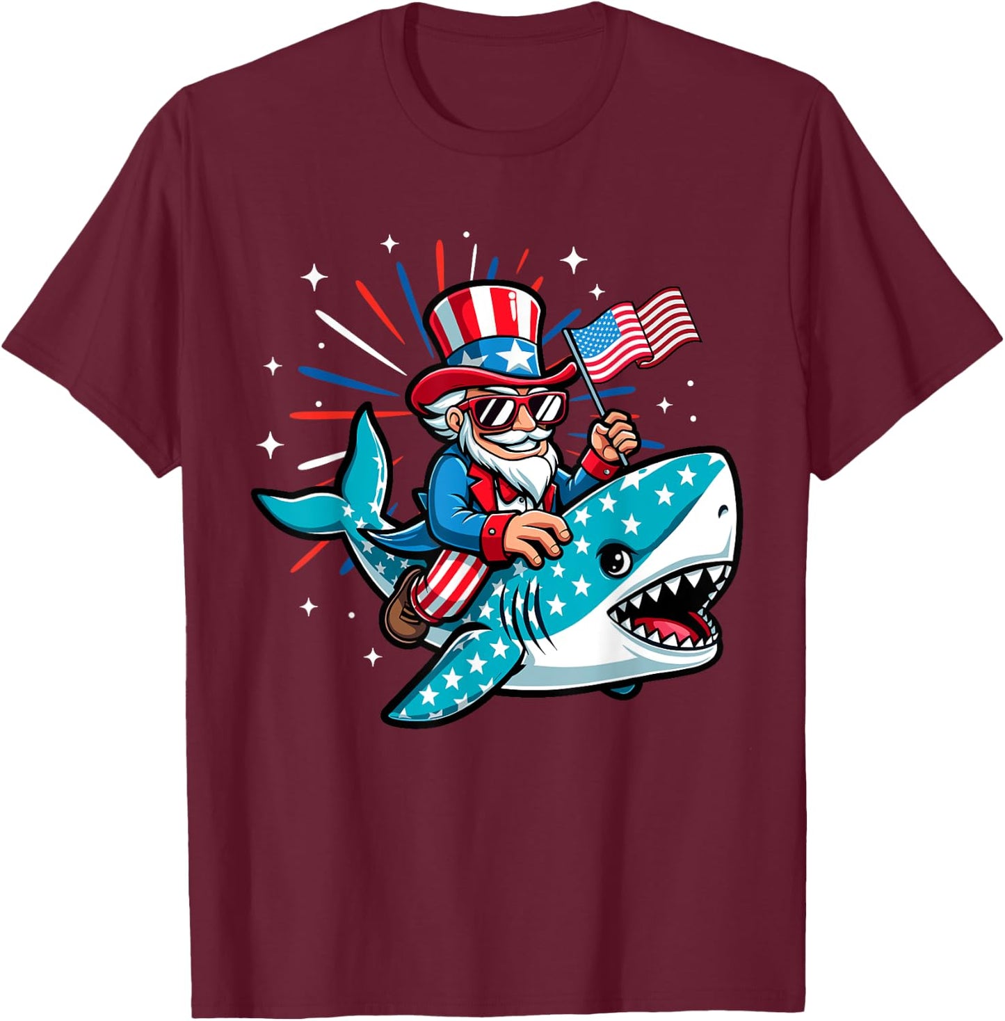 Funny Uncle Sam Riding Shark 4th of July Boys American Flag T-Shirt - T-Shirt | Maroon