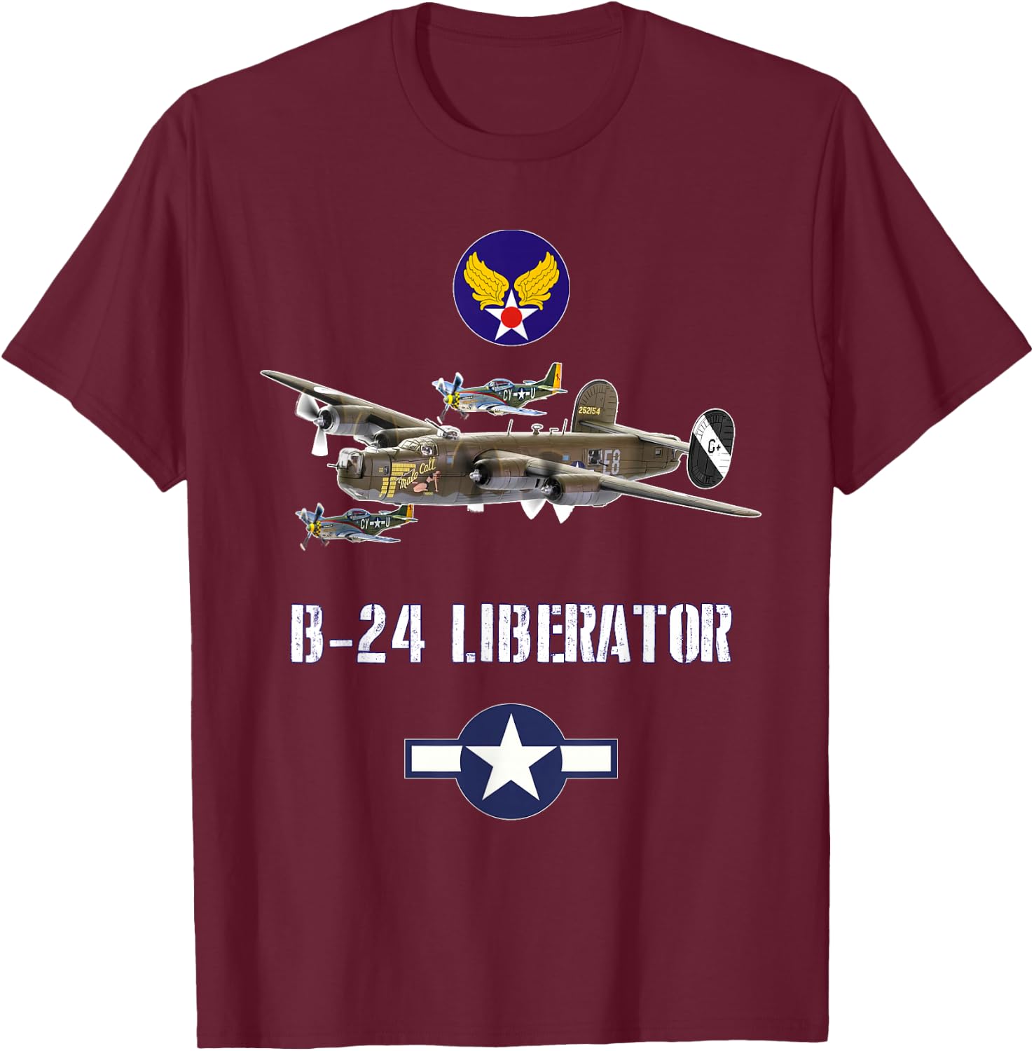 USAAF B-24 Liberator WW2 Bomber Airplane T-Shirt - T-Shirt | Maroon