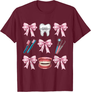 Cute Pink Coquette Bow Dentist Squad Teeth Dental Assistant T-Shirt - T-Shirt | Maroon