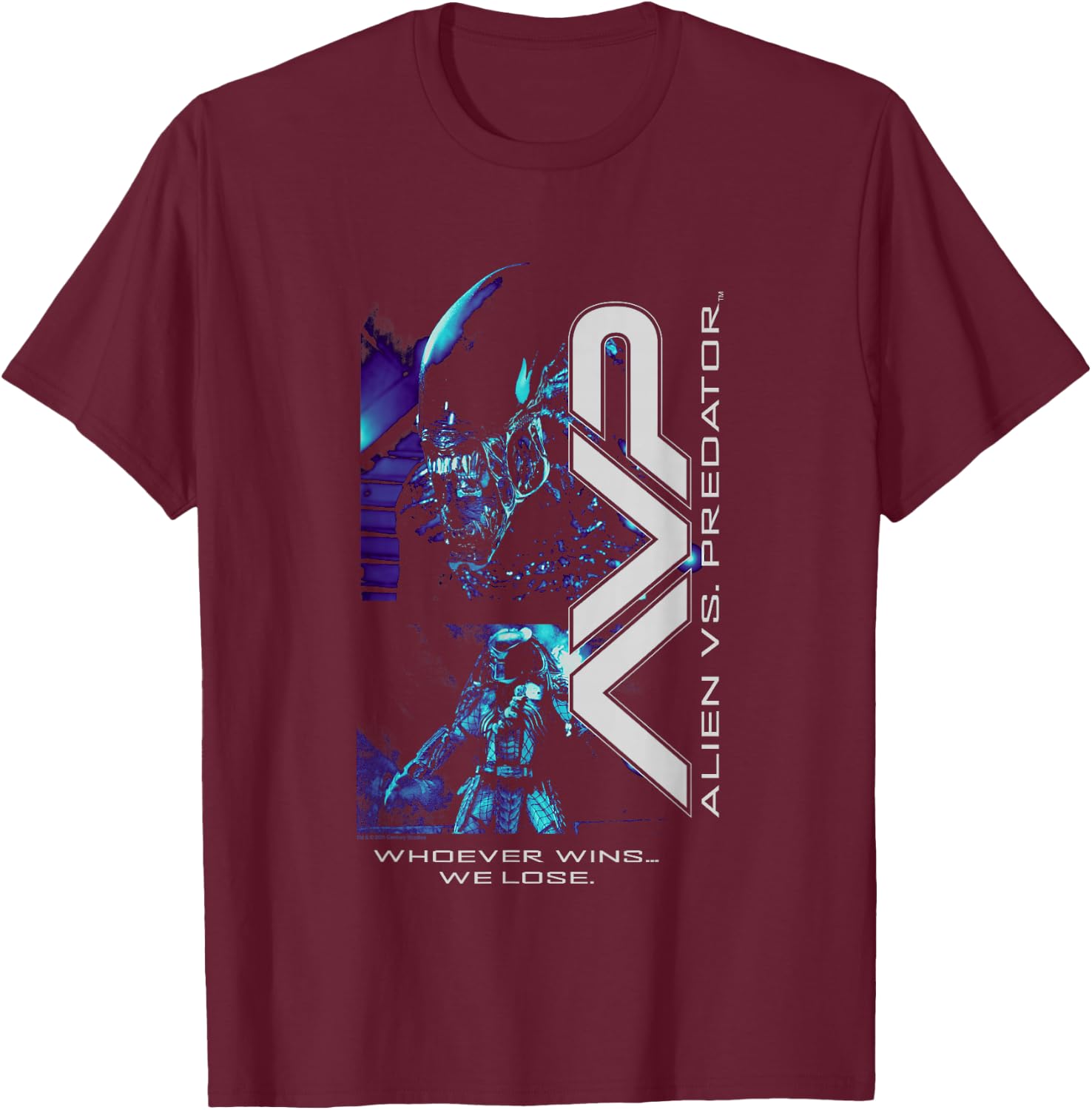 Alien vs Predator Whoever Wins… We Lose Big Chest Portrait T-Shirt - T-Shirt | Maroon