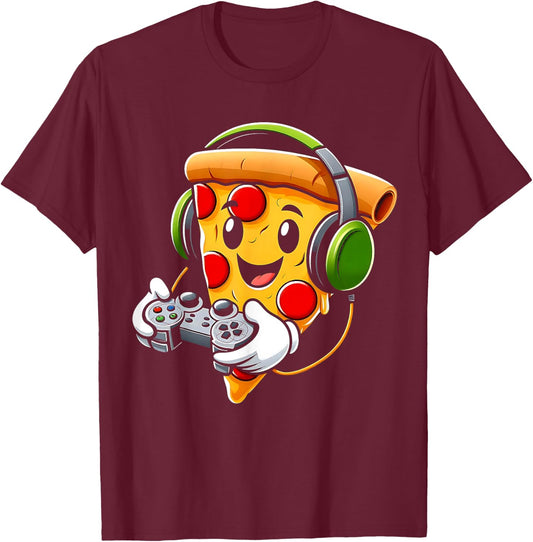 Funny Gamer Pizza Gaming Food Lovers Play Video Games T-Shirt - T-Shirt | Maroon