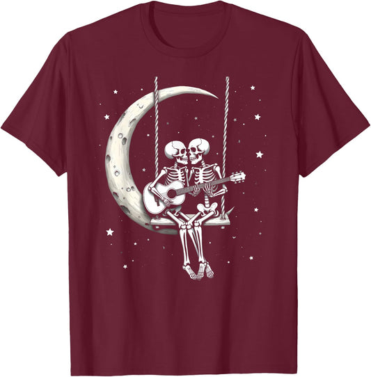 Skeleton Couple Playing Guitar on Moon Swing Halloween Band T-Shirt - T-Shirt | Maroon