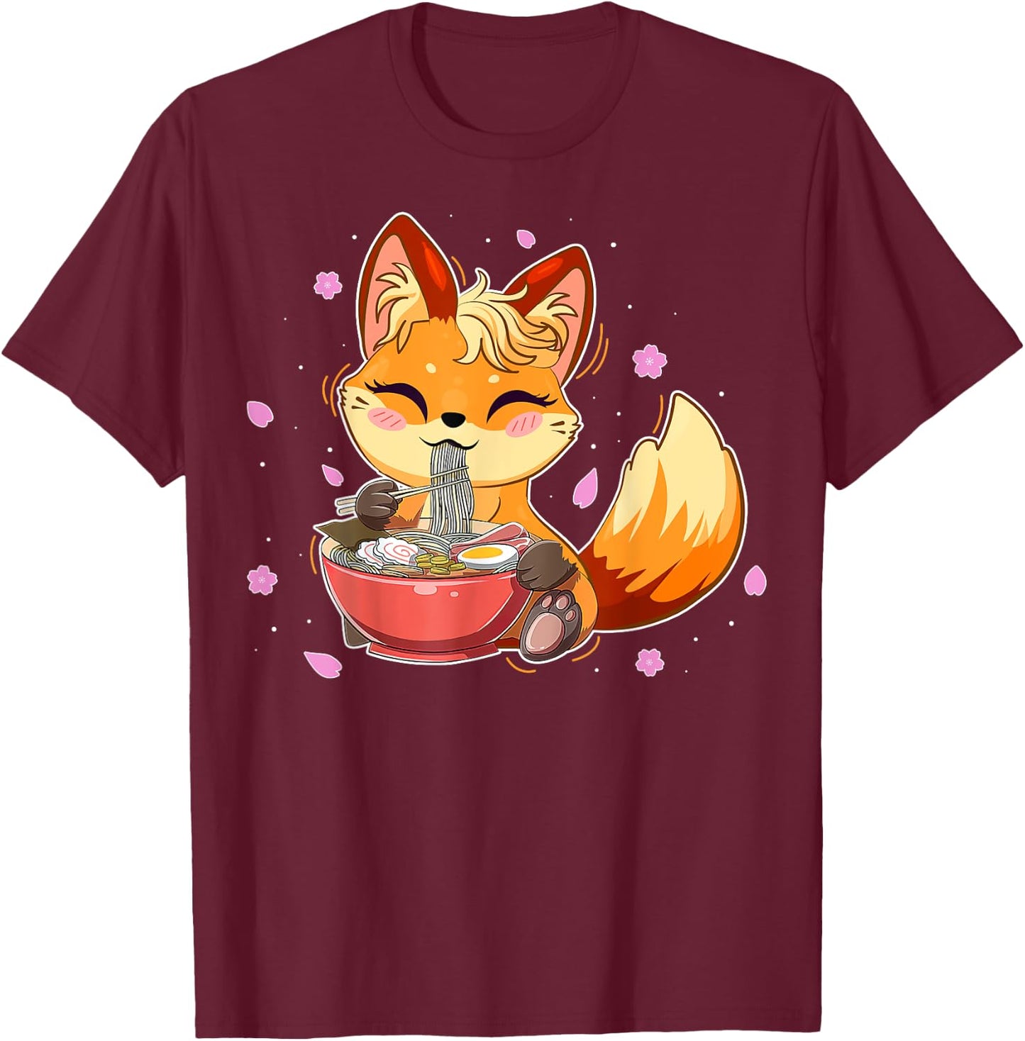 Cute Fox Japanese Anime Eating Ramen Girl Teen Kid Kawaii T-Shirt - T-Shirt | Maroon