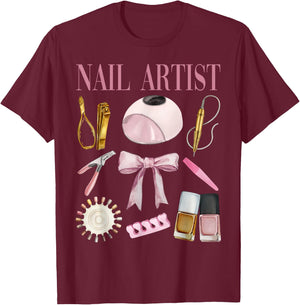 Vintage Coquette Bow Aesthetic Nail Tech Nail Technician T-Shirt - T-Shirt | Maroon