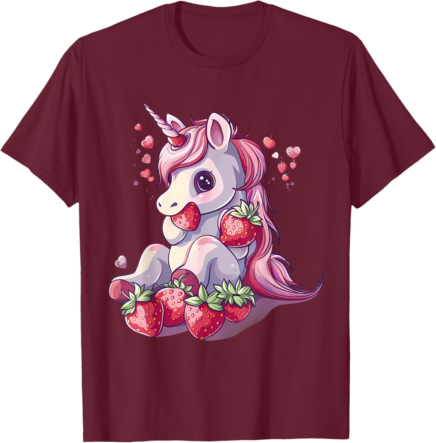Strawberry Unicorn Cute Strawberries Drawing Motif T-Shirt - T-Shirt | Maroon