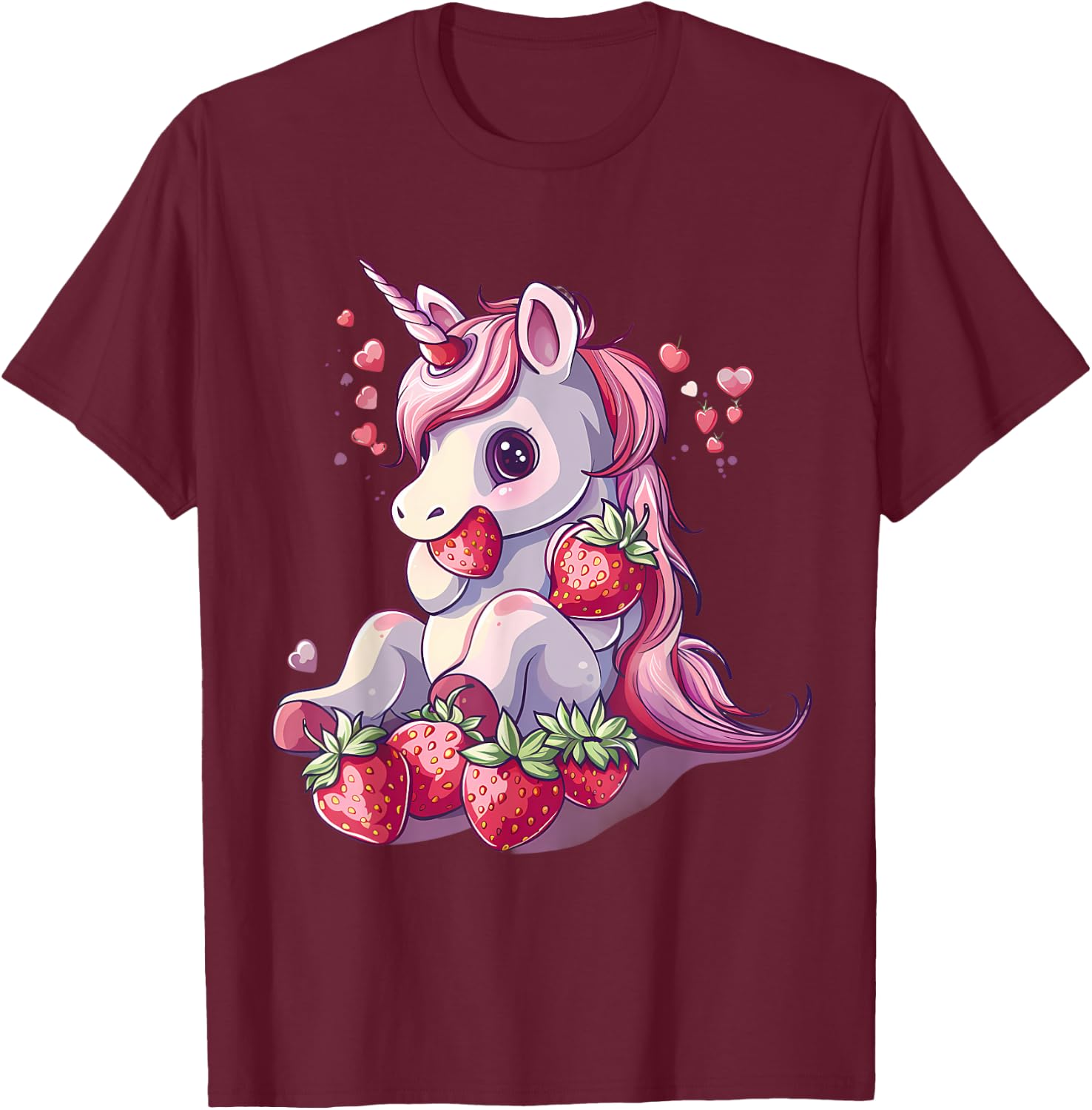 Strawberry Unicorn Cute Strawberries Drawing Motif T-Shirt - T-Shirt | Maroon