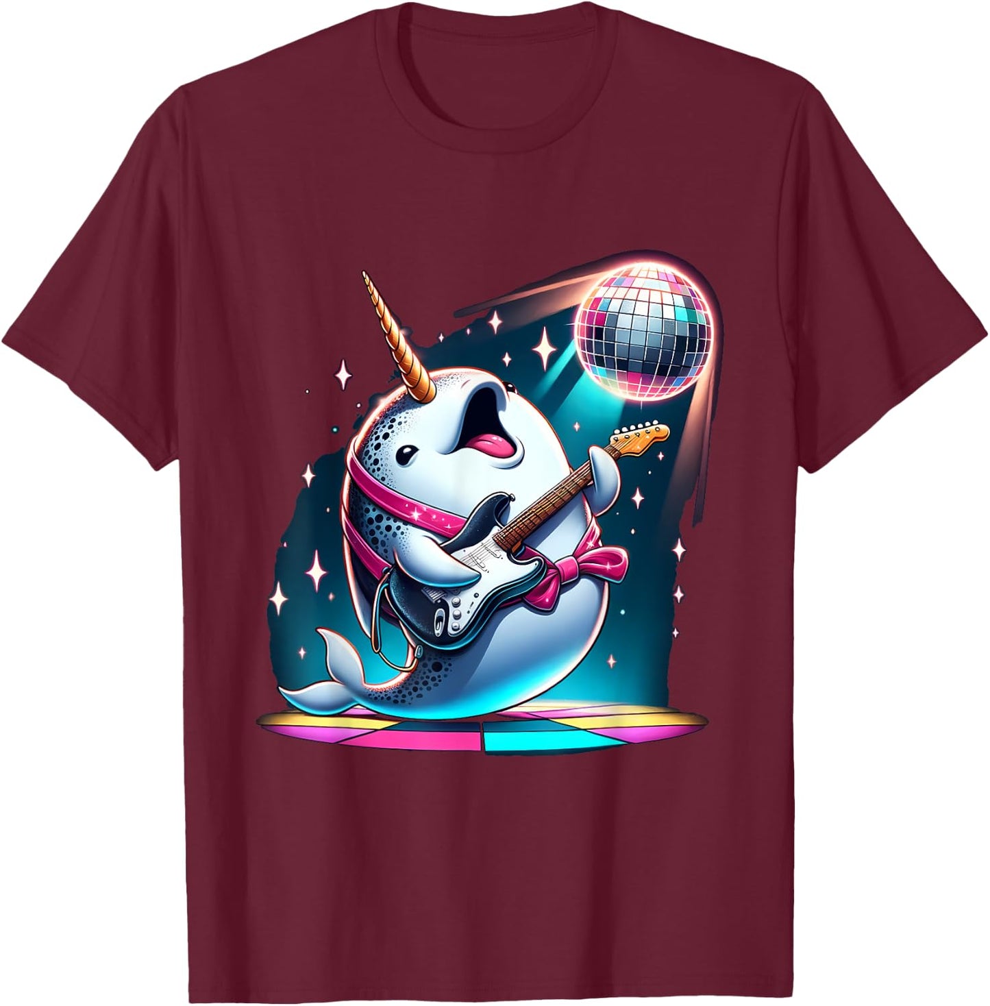 Disco Ball Guitar Narwhal T-Shirt - T-Shirt | Maroon