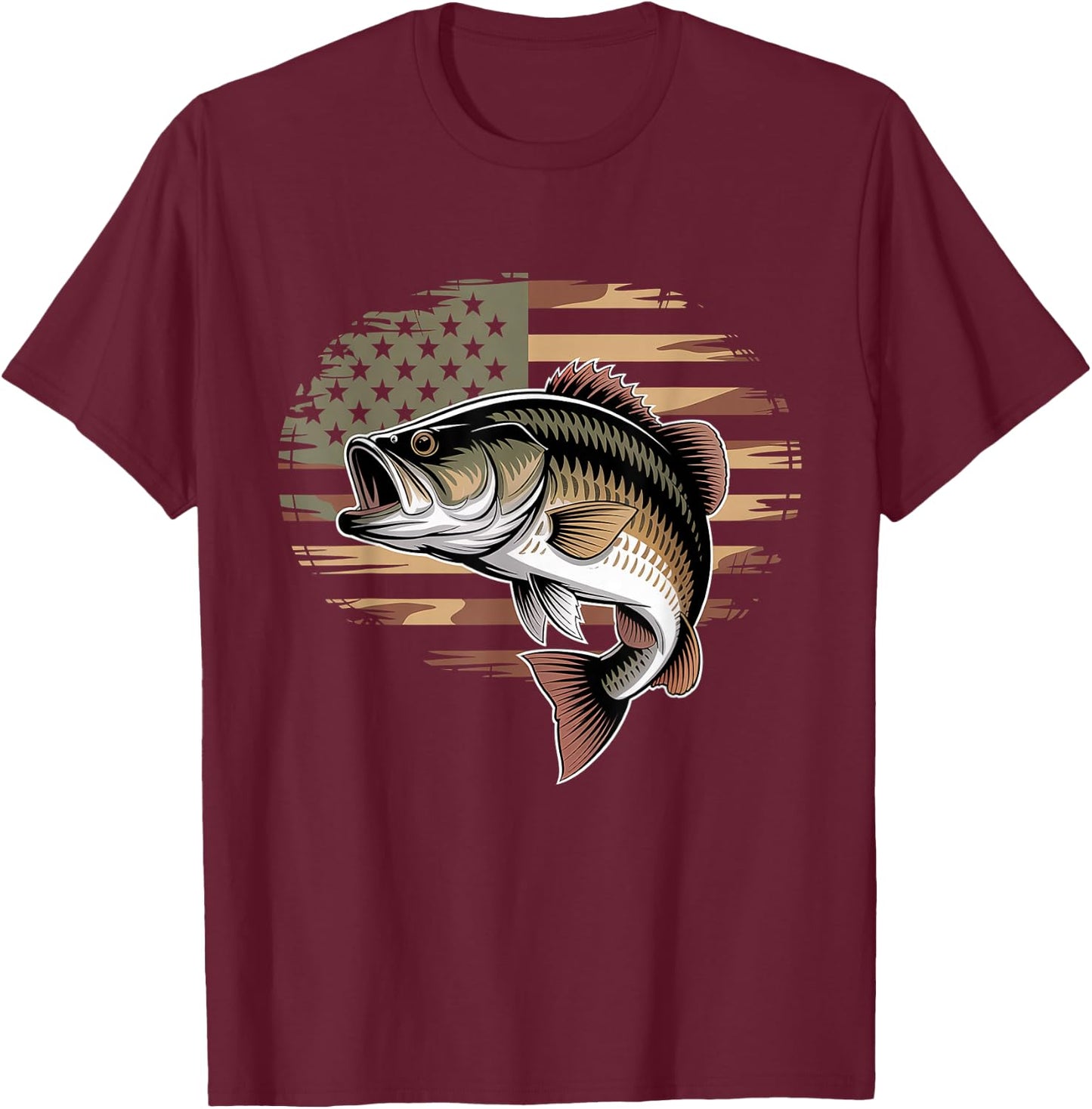 Bass Fish Fishing Camo USA American Flag Largemouth T-Shirt - T-Shirt | Maroon
