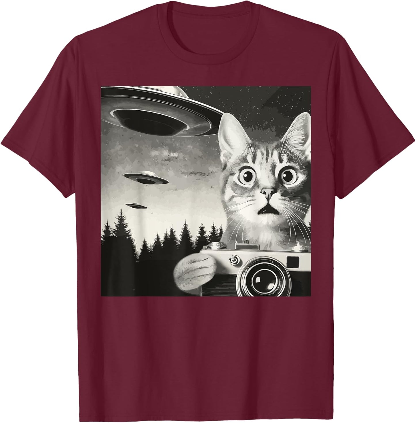 Alien Cat UFO Camera Graphic Alien Feline Photography Men Women T-Shirt - T-Shirt | Maroon