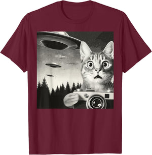 Alien Cat UFO Camera Graphic Alien Feline Photography Men Women T-Shirt - T-Shirt | Maroon