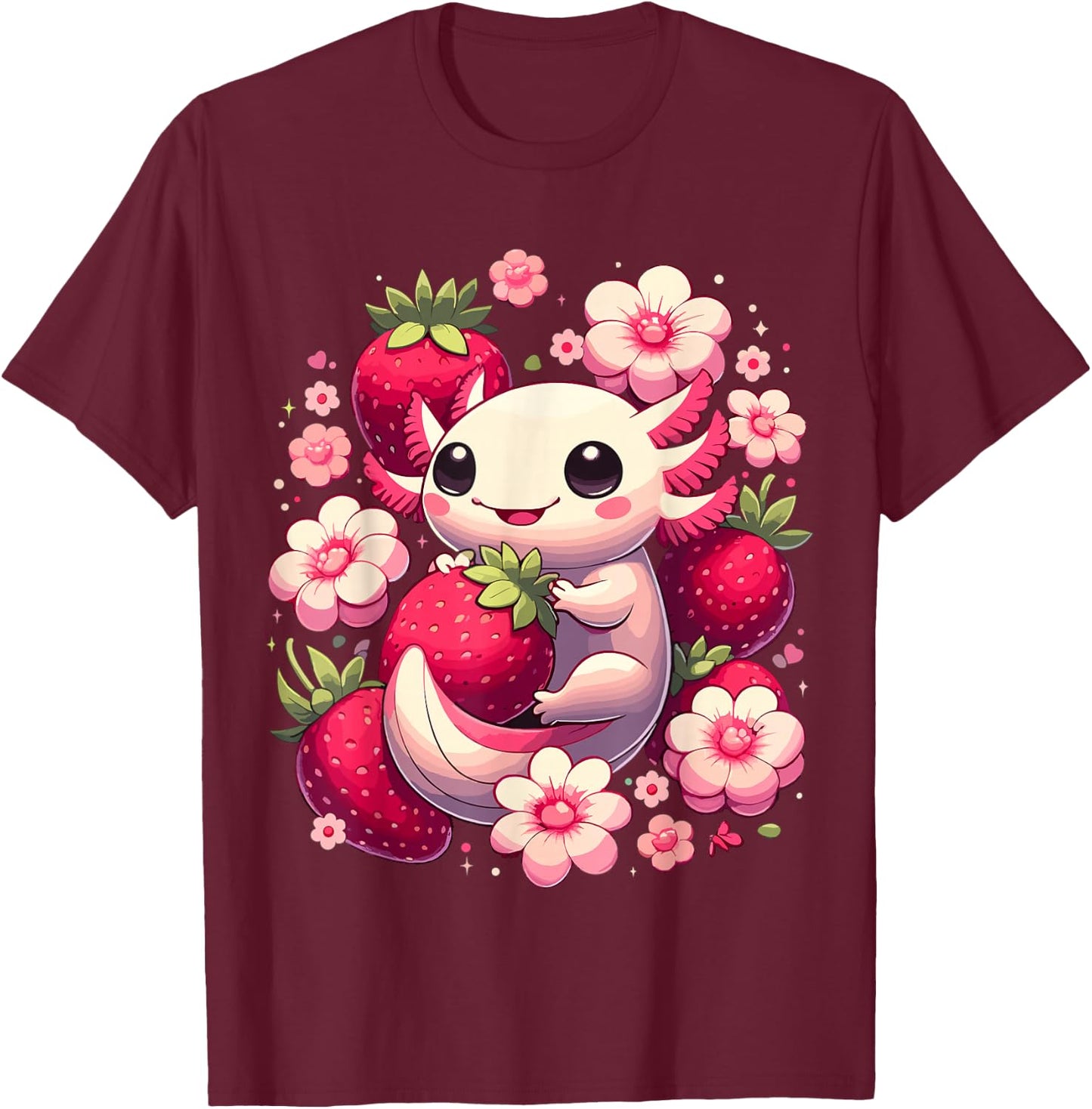 Cute Axolotl Kawaii Anime Axolotl Strawberry T-Shirt - T-Shirt | Maroon