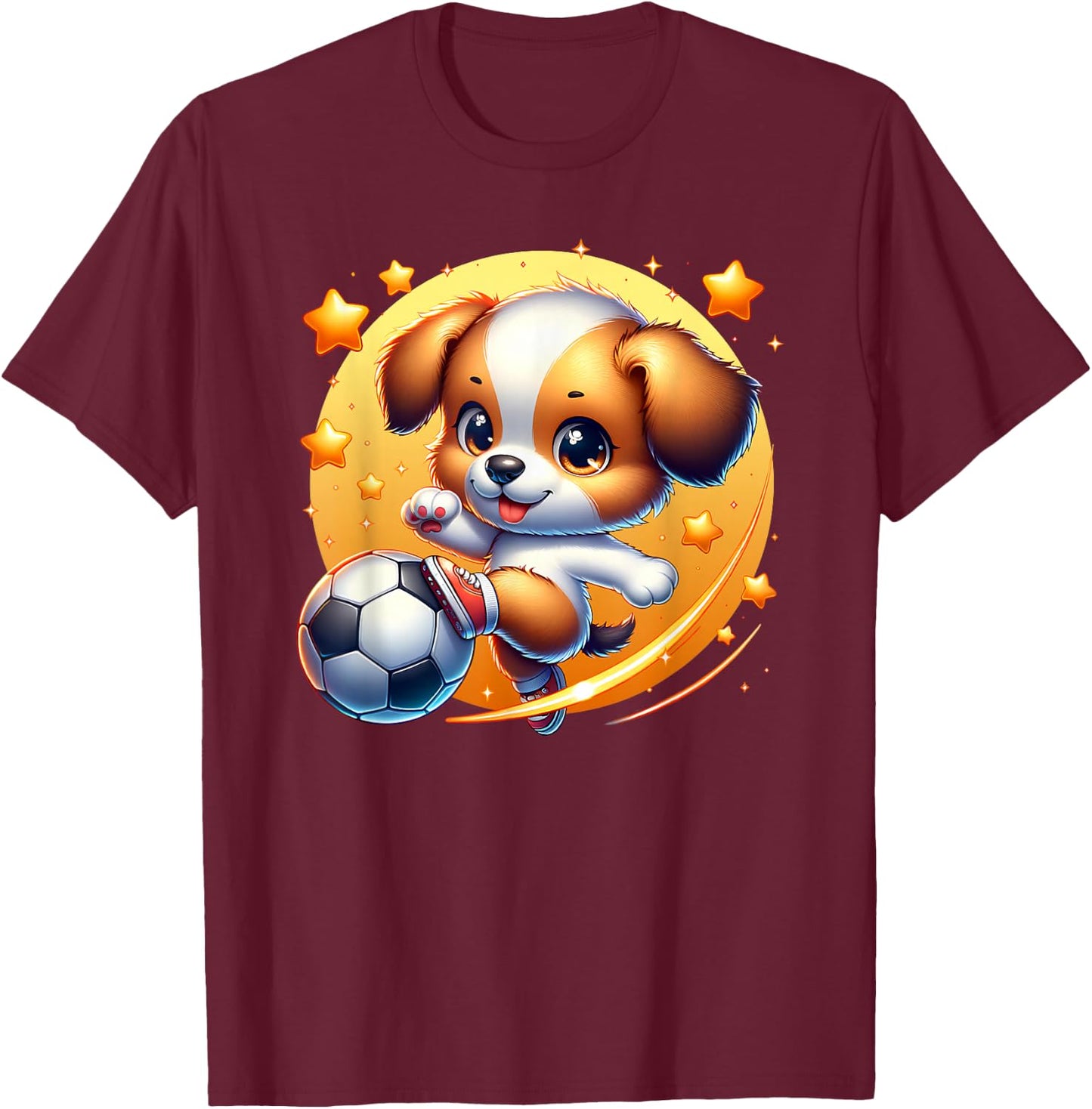 Puppy Dog Playing Soccer Kicking Ball Boy Girl Cute Graphic T-Shirt - T-Shirt | Maroon