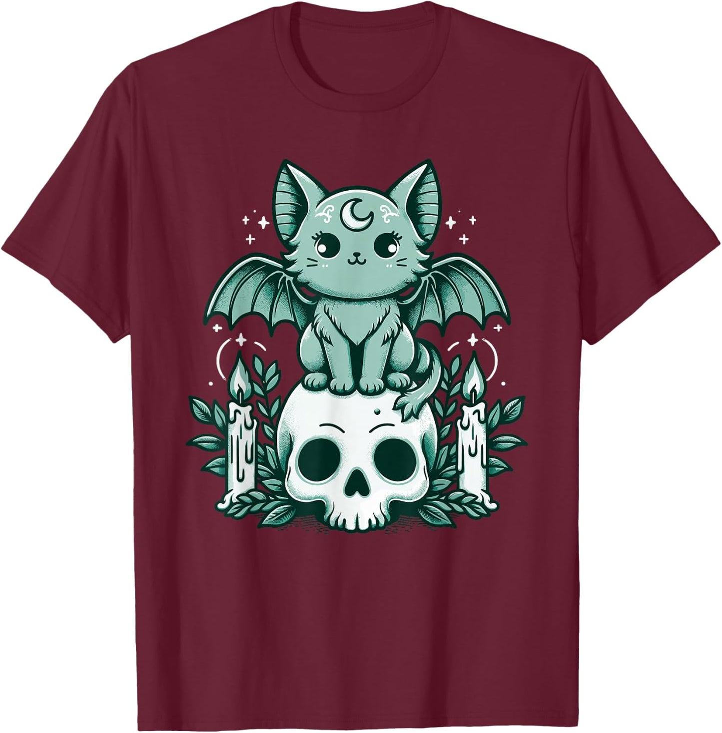 Kawaii Pastel Goth Cute Creepy Cat Bat Skeleton T-Shirt - T-Shirt | Maroon