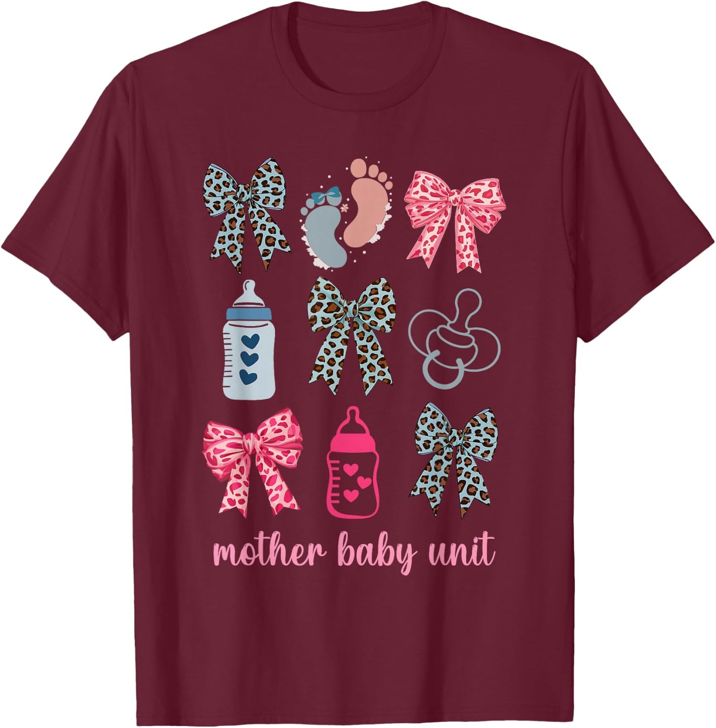 Pink Coquette Bow Mother Baby Unit MBU OB Nurse Postpartum T-Shirt - T-Shirt | Maroon