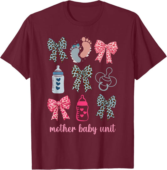 Pink Coquette Bow Mother Baby Unit MBU OB Nurse Postpartum T-Shirt - T-Shirt | Maroon