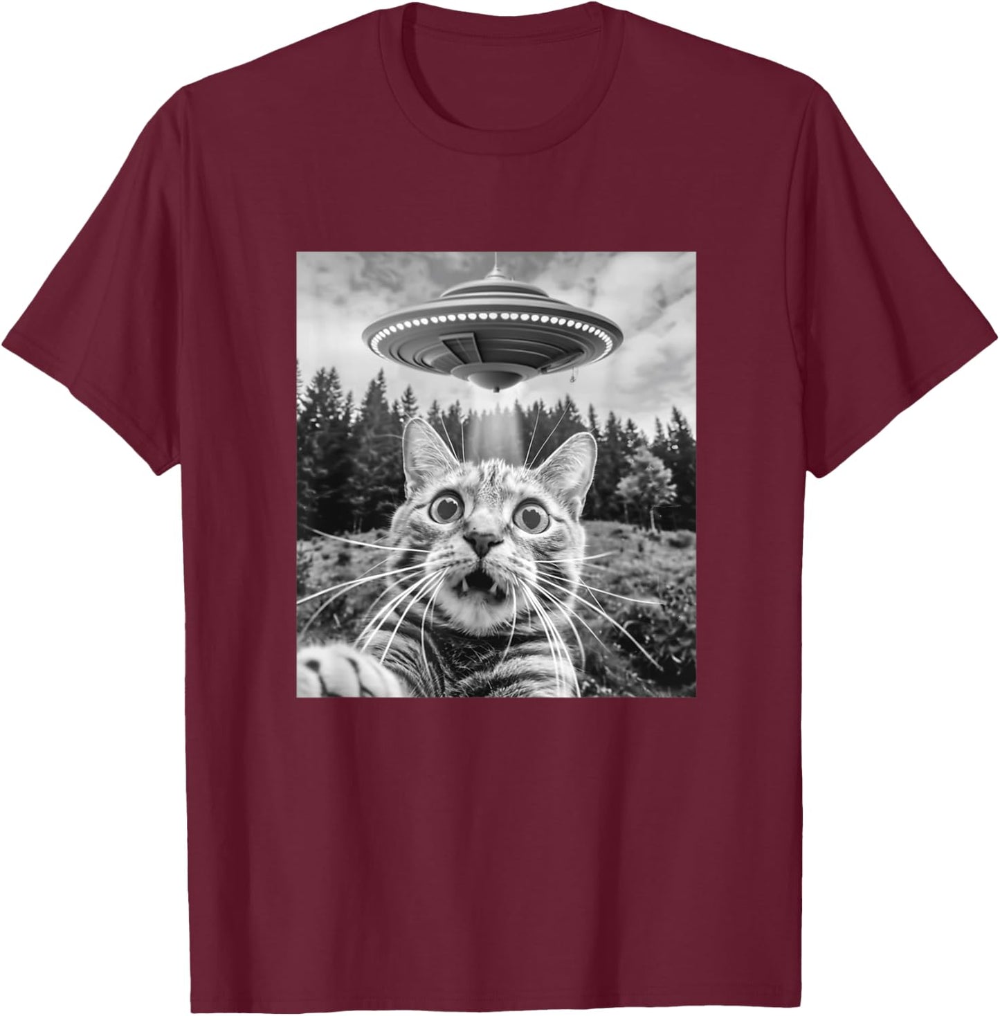 Cat Selfie With Alien Ufo Funny Cat Women Kids T-Shirt - T-Shirt | Maroon